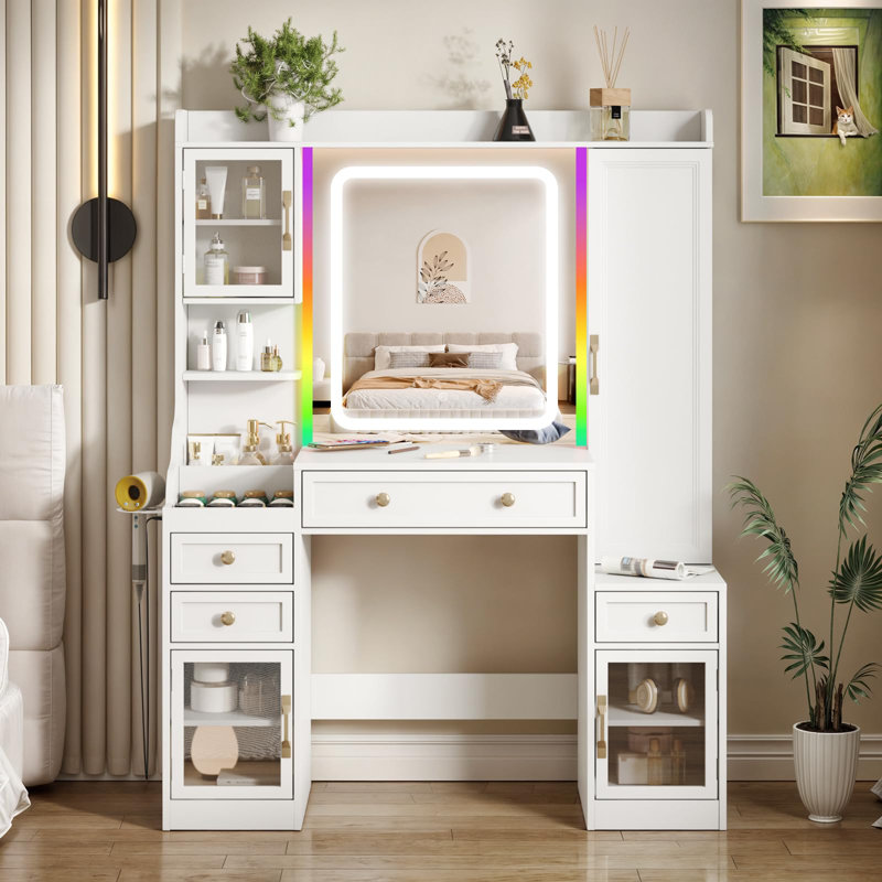 White Vanity Table With Jewelry Cabinet